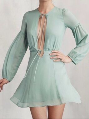 Reformation Bella Dress Sage Green Tie Front Mini Cutout Back Long Sleeve Size M